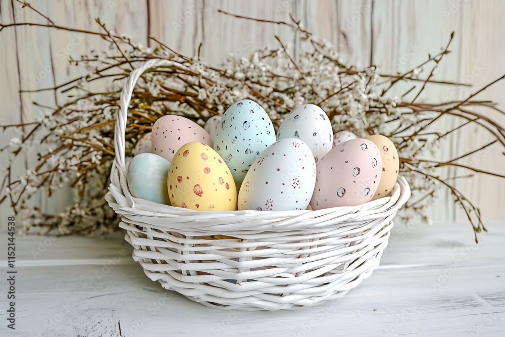 Wall mural Easter background with colorful eggs in a basket and willow branches on a white wooden table. 