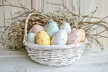 Easter background with colorful eggs in a basket and willow branches on a white wooden table. 