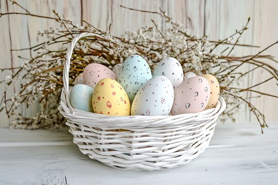 Easter background with colorful eggs in a basket and willow branches on a white wooden table. 