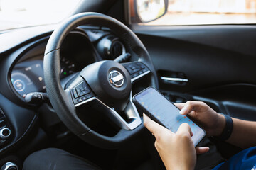 don’t use phone while driving concept. Dangerous Driving Habits. Smartphone Distraction, road...