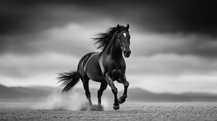 Majestic Black Stallion Galloping in Monochrome Landscape