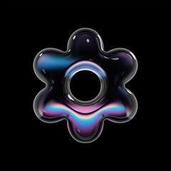 3D glass flower shape with holographic reflections, glossy transparent surface, and light dispersion. Rendered abstract floral symbol with neon gradient glow on black background
