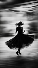 Woman in Motion with Flowing Dress, monochrome, motion blur, spinning
