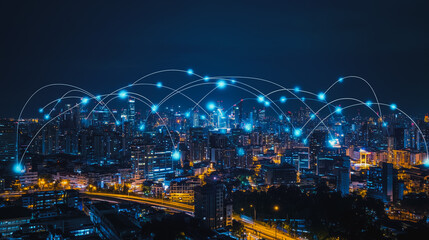 Fototapeta premium Smart digital city with connection cyber security network reciprocity over the cityscape . future smart wireless digital city and social media networking systems that connects people within the city