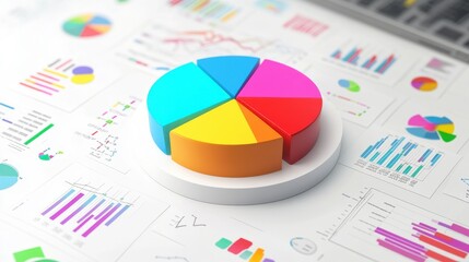 Colorful pie chart on a desk among various statistical graphs and data sheets, showcasing data analysis and presentation.