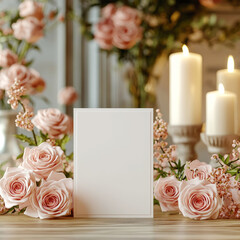 Empty white card mockup against the background of flowers,