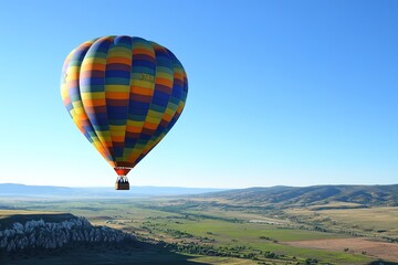 Fototapeta premium vibrant hot air balloon rising into clear blue sky over sprawling green valley
