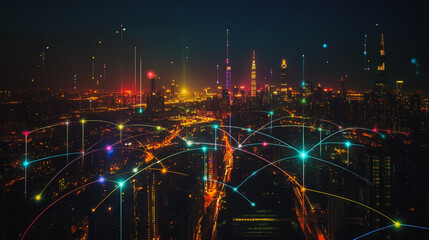 Fototapeta premium Smart digital city with connection cyber security network reciprocity over the cityscape . future smart wireless digital city and social media networking systems that connects people within the city