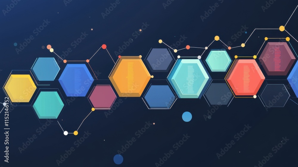 Poster a colorful, abstract digital background featuring hexagonal shapes and circular elements, ideal for 