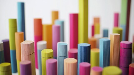 A vibrant arrangement of multicolored wooden cylinders in various heights, creating a playful and artistic atmosphere.