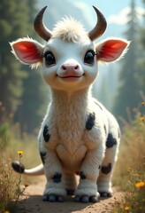 Cute cartoon calf in a serene countryside setting