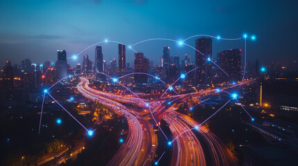 Smart digital city with connection cyber security network reciprocity over the cityscape . future smart wireless digital city and social media networking systems that connects people within the city