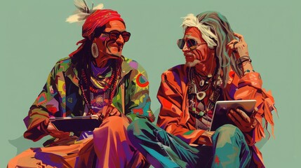 Fototapeta premium A 1970s hippie in colorful attire, sitting alongside a 2020s environmental activist with a tablet advocating for renewable energy.