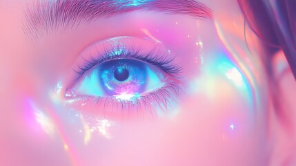 Close-up of a mesmerizing eye reflecting shimmering colors with a dreamy background, evoking wonder and beauty.
