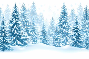 Fototapeta premium Snowy Winter Landscape with Evergreen Trees in Frosty Atmosphere