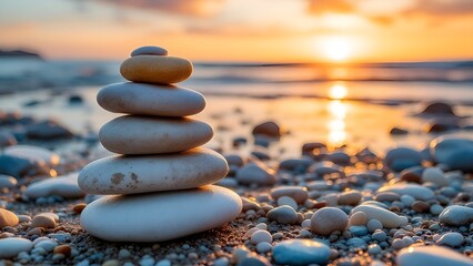 Colorful stones stacked on beach at sunrise with golden sky. Perfect for meditation, relaxation, tranquility, wellness designs. Mindfulness, life balance concept