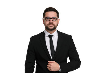 Portrait of banker in glasses on white background