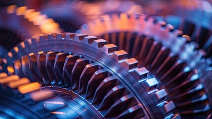 Detail of the metal turbine mechanism. Large shiny steel equipment with blades. A machine with many gears and a shiny metallic appearance. Illustration for poster, cover, brochure or presentation.