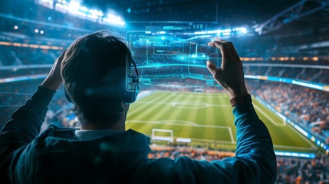 Young caucasian male using augmented reality at sports stadium