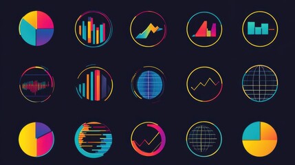 Colorful collection of modern data visualization icons showcasing various chart types on a dark background.