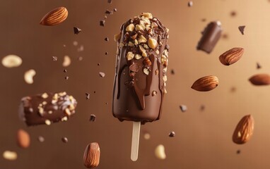 A chocolate-dipped ice cream bar floating mid-air with nuts and chocolate drizzle, on a warm brown...