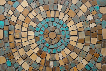 Fototapeta premium Intricate mosaic design featuring earthy tones and vibrant blue accents in a circular pattern. Generative AI
