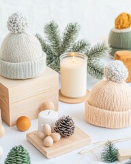 Cozy Winter Craft Fair Display with Handmade Candles and Wool Hats in Soft Light