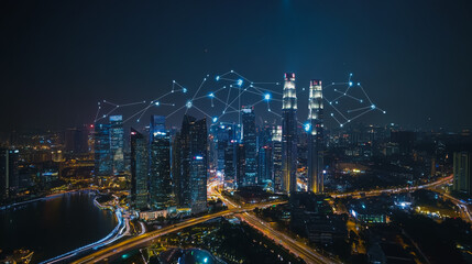 Obraz premium Smart digital city with connection cyber security network reciprocity over the cityscape . future smart wireless digital city and social media networking systems that connects people within the city