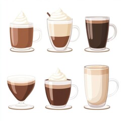 Obraz premium A colorful assortment of various coffee drinks, showcasing different types with whipped cream and rich textures.