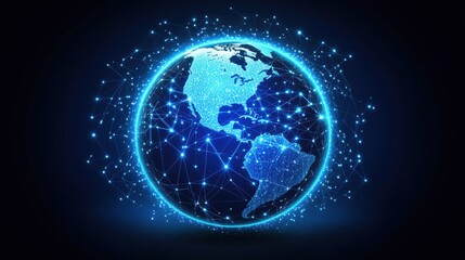 Fototapeta premium A digital globe illuminated with blue light, showcasing interconnected networks across North and South America.