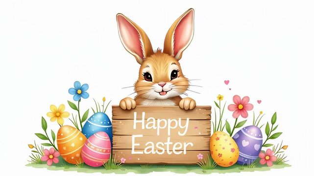 Video easter bunny with easter eggs. an Easter bunny holding a wooden sign with the words "Happy Easter" surrounded by decorated eggs
