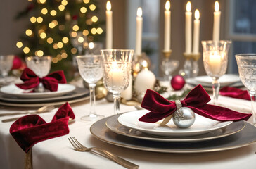 Photo of a festive Christmas table setting with red velvet bows, silver baubles, and glowing candles, creating an elegant and cozy holiday dining atmosphere with a decorated tree in the background