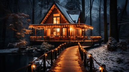 Fototapeta premium A Cozy Cabin in the Winter Wonderland