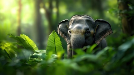 A majestic elephant peeks through lush green foliage in a serene forest, showcasing the beauty of wildlife in its natural habitat.