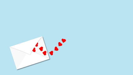 On a blue background, red hearts fly out of a white half-open envelope. The concept of March 8th Valentine's Day mother's Day with a place for your text