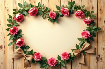Rustic Valentine's Day Banner with Flowers-Green Leaves and Roses and Wooden Background	
