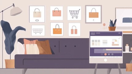 A cozy living room featuring a stylish dark sofa and decorative wall art depicting shopping bags and a cart.