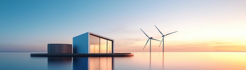 Fototapeta premium A serene landscape featuring a modern building beside wind turbines, reflecting on calm waters under a colorful sky at sunset.