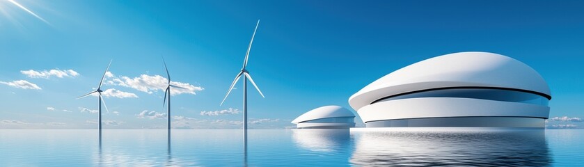 A serene landscape showcasing futuristic structures alongside wind turbines, reflecting in calm waters under a clear blue sky.
