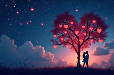 Obraz premium Magical Valentine's Day Banner - Dreamy Night Sky with Heart Constellations and Silhouette Couple