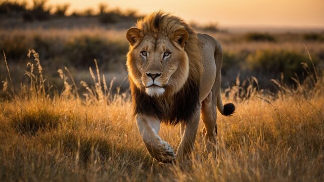 Wild lion prowling through African savanna - Powered by Adobe