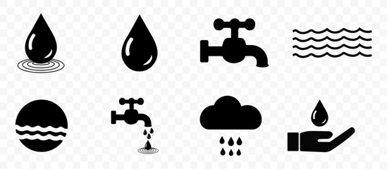 Set of Water Drop, Tap, Waves, Rain, and Hand Holding Water Icons in Line and Solid Style