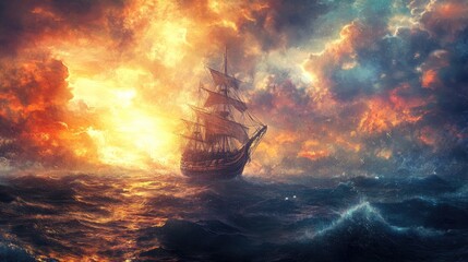 Obraz premium Ancient Sailing Vessel Navigating Fiery Celestial Seascape