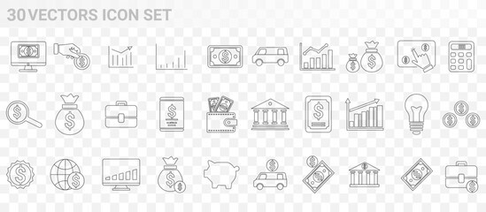 Set of 30 Vector Icons Featuring Finance, Business, and Technology Concepts in Line Style