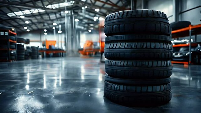 A stack of tires in an industrial setting, showcasing storage and organization.