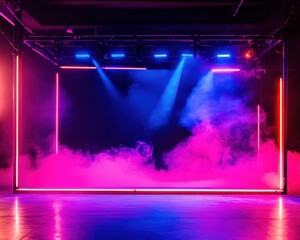 Naklejka premium Vibrant stage scene featuring colorful neon lights and atmospheric fog, creating an energetic mood.