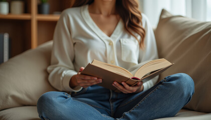 Woman Reading a Book on a Couch