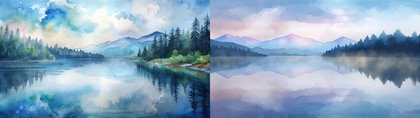 Obraz premium Serene watercolor landscape featuring mountains and reflections in a tranquil lake setting.