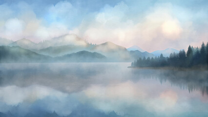 Obraz premium Gentle watercolor landscape depicting a serene lake with misty mountains and soft pastel clouds at dawn.