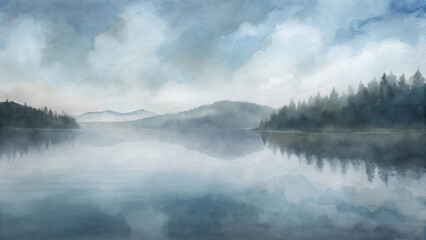 Softly colored watercolor scene of a tranquil lake surrounded by misty hills and evergreen trees.
